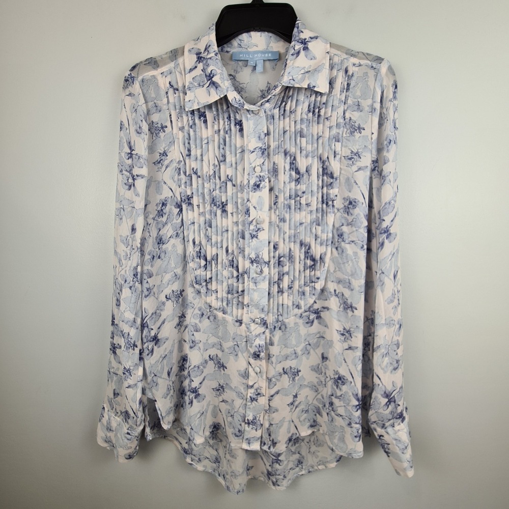 Hill House Home The Willow Top Blue Floral Pintuck Pleated Viscose Blouse Size M